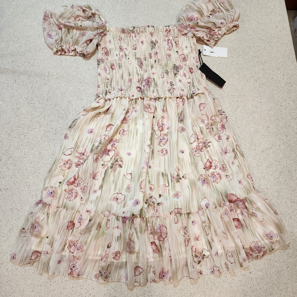 Black Tape Small Off Shoulder Dress Beige Floral Chiffon Fairy Romantic Whimsy